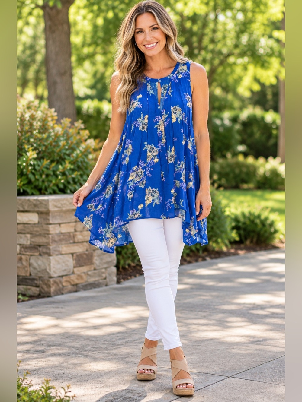 Free People Blue Floral Sleeveless Flowy Tunic Top Size M